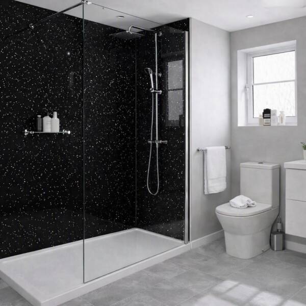 Black Sparkle 1m SHower Panel bathroom scene with shower cubicle