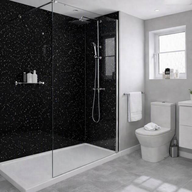 Black Sparkle 1m SHower Panel bathroom scene with shower cubicle