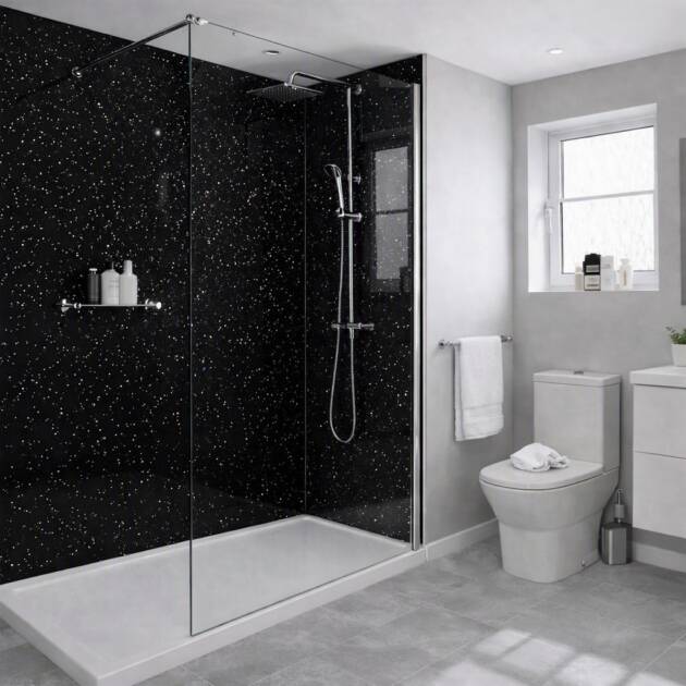 Black Sparkle 3 Sided Shower Panel Wall Kit shown in shower cubicle