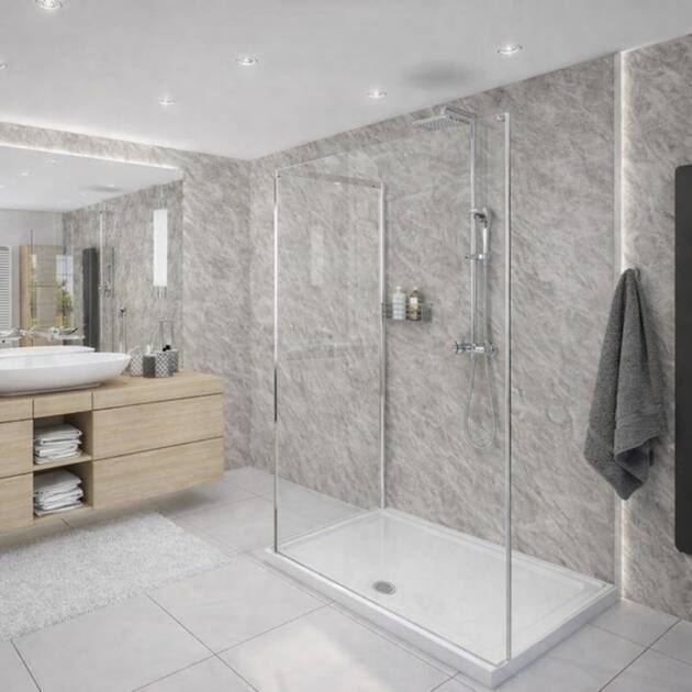 Grey Marble 3 Sided Shower Panel Kit shown in bathroom and shower cubicle