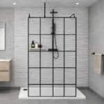 Matt grey Wave Tile 1m shower wall panel with printed 3D wave design and white grout lines in bathroom setting