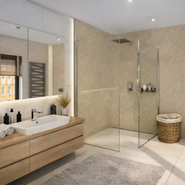 Large Pergamon 1m gloss beige stone marble‑effect shower panel in bathroom area
