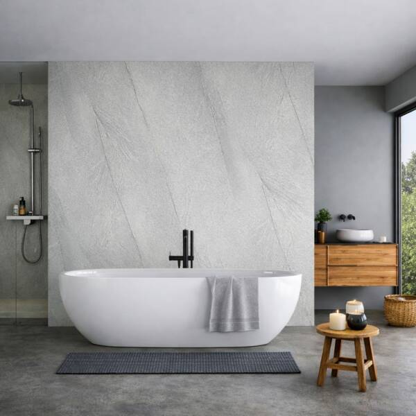Large Quarrington Grey 1m scratch‑resistant matt stone‑effect shower panel bathroom scene