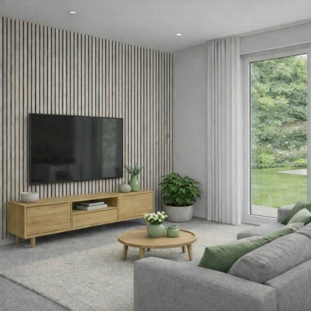Slat Wall Acoustic Silver Birch Wall Panels Living Room Scene Floors To Walls