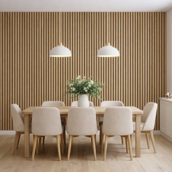 Light Ash Slat Wall Premium 300mm Wall Panel in dining room