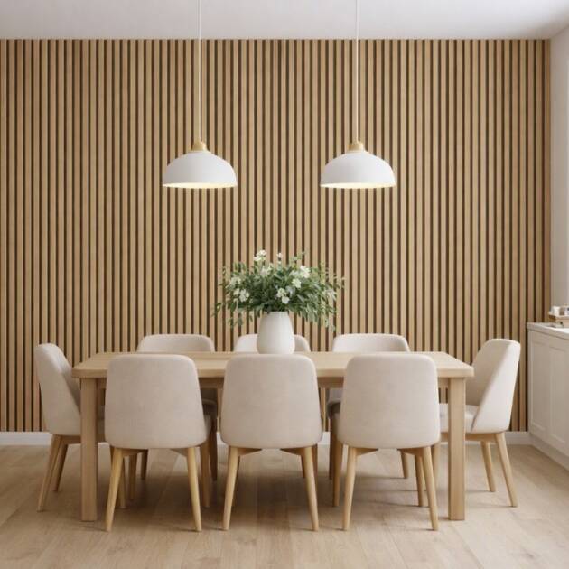 Light Ash Slat Wall Premium 300mm Wall Panel in dining room