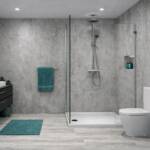Matt Titanium Stone 1m shower wall panel with modern grey stone pattern and textured aged detailing in bathroom scene