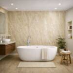 Large Travertine 1m matt stone‑effect shower panel in beige travertine pattern in bathroom setting