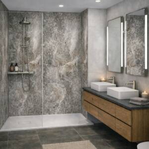 Large Turino 1m matt marble‑effect shower panel with grey and brown stone pattern