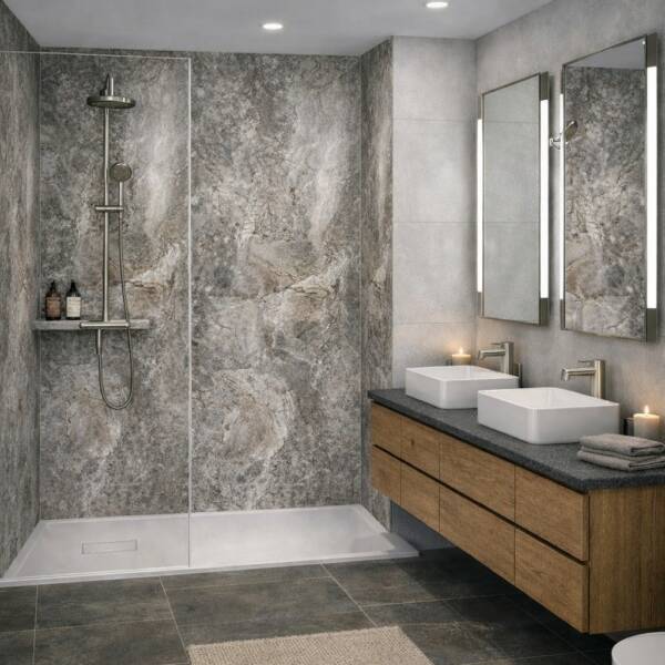 Large Turino 1m matt marble‑effect shower panel with grey and brown stone pattern