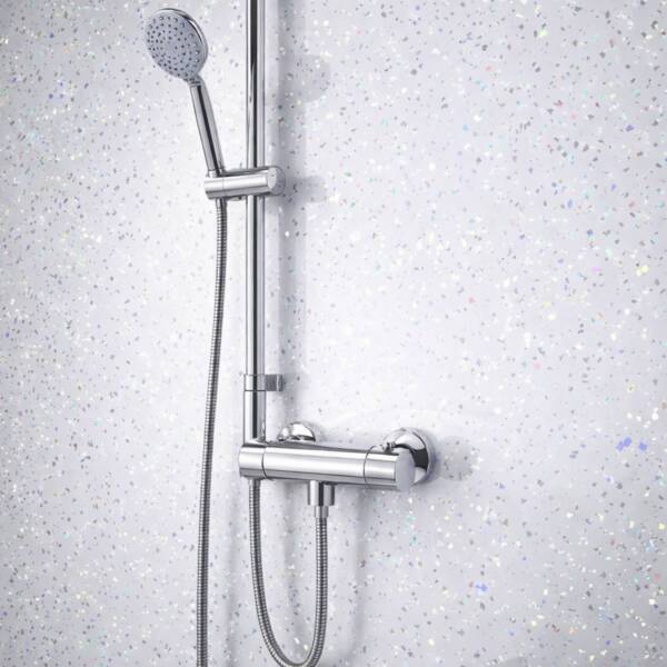 White Platinum Sparkle Wall Panels Shower Wall fitted in a shower setting Floors to Walls
