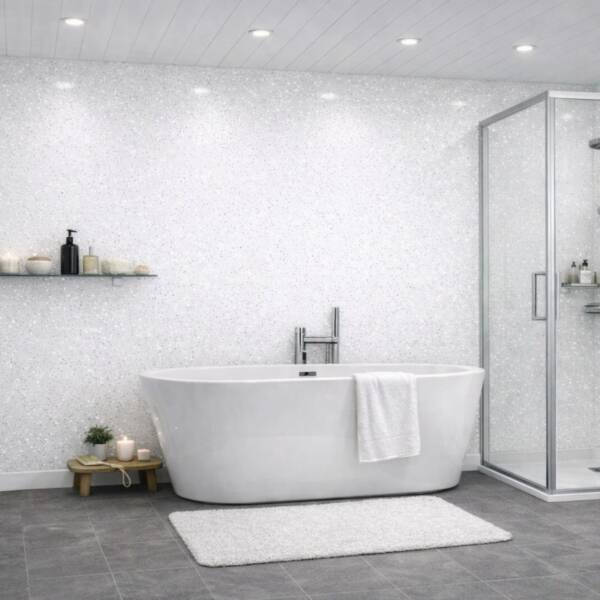 White Sparkle 3 Sided Shower Panel Kit showing three gloss PVC panels in a shower enclosure and bathroom