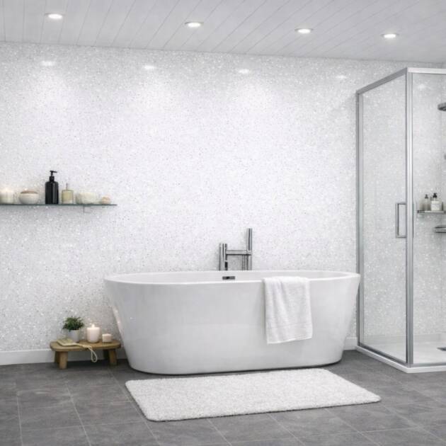 White Sparkle 3 Sided Shower Panel Kit showing three gloss PVC panels in a shower enclosure and bathroom