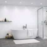 White Sparkle Shower Panel 1m x 2.4m showing gloss PVC panels in a shower enclosure and bathroom scene