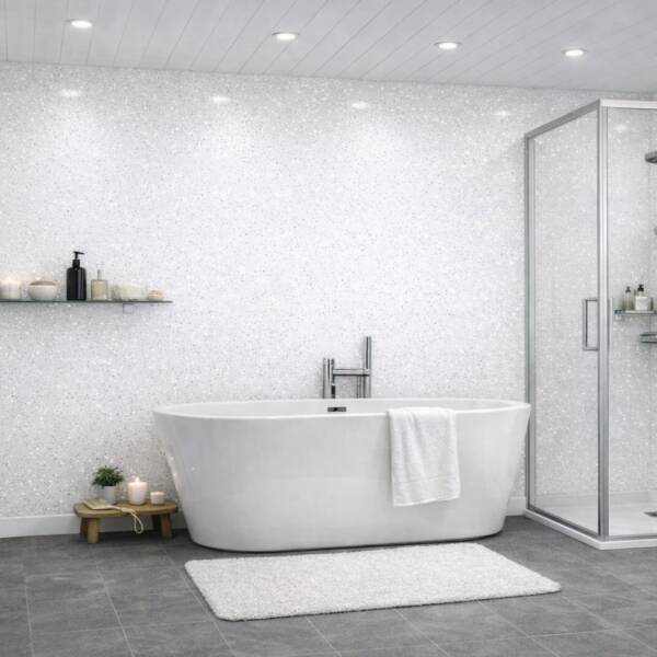 White Sparkle Shower Panel 1m x 2.4m showing gloss PVC panels in a shower enclosure and bathroom scene