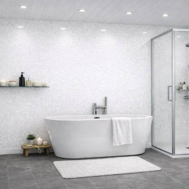 White Sparkle Shower Panel 1m x 2.4m showing gloss PVC panels in a shower enclosure and bathroom scene