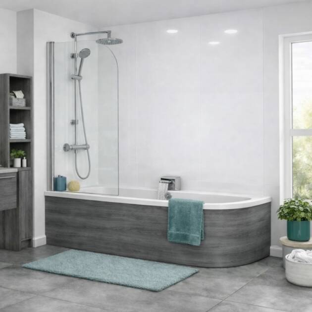 High Gloss White 2 Sided Shower Panel Kit shown in bathroom with shower