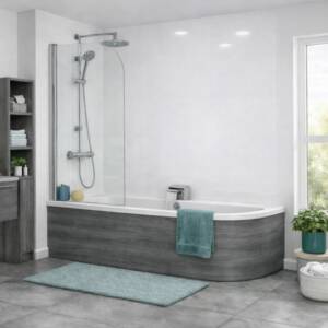 High Gloss White 3 Sided Shower Panel Kit shown in bathroom with shower