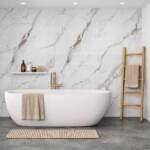 Gloss Arabescato Marble 1m shower wall panel with white base, grey veining and warm russetโbrown accents in bathroom scene