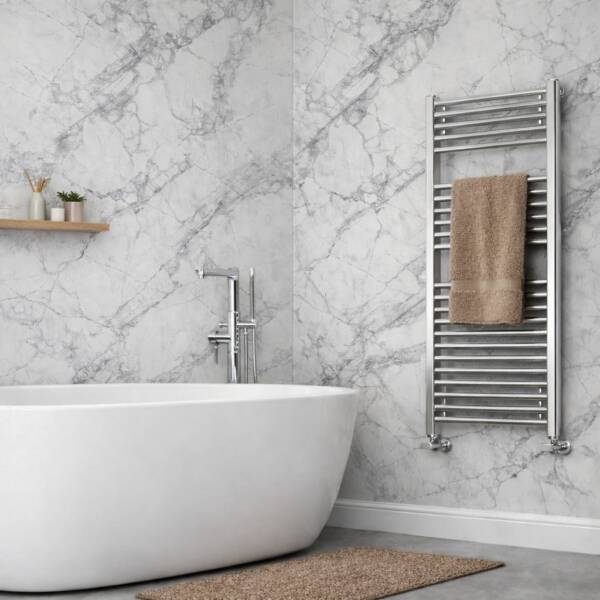 Venatino Marble 1m x 2.4m shower panel with soft marble veining and light stone finish