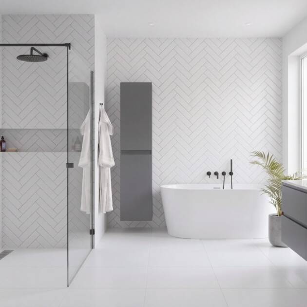 Chevron White Cutline 600mm x 2.4m tile‑effect shower panel pack of 2