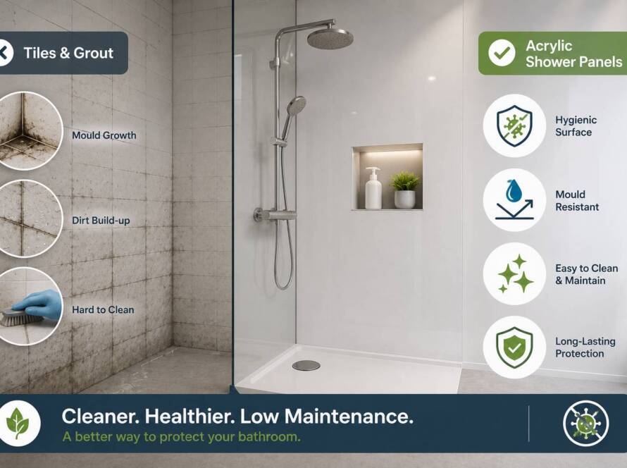 Modern bathroom featuring hygienic acrylic shower panels with seamless waterproof wall surfaces