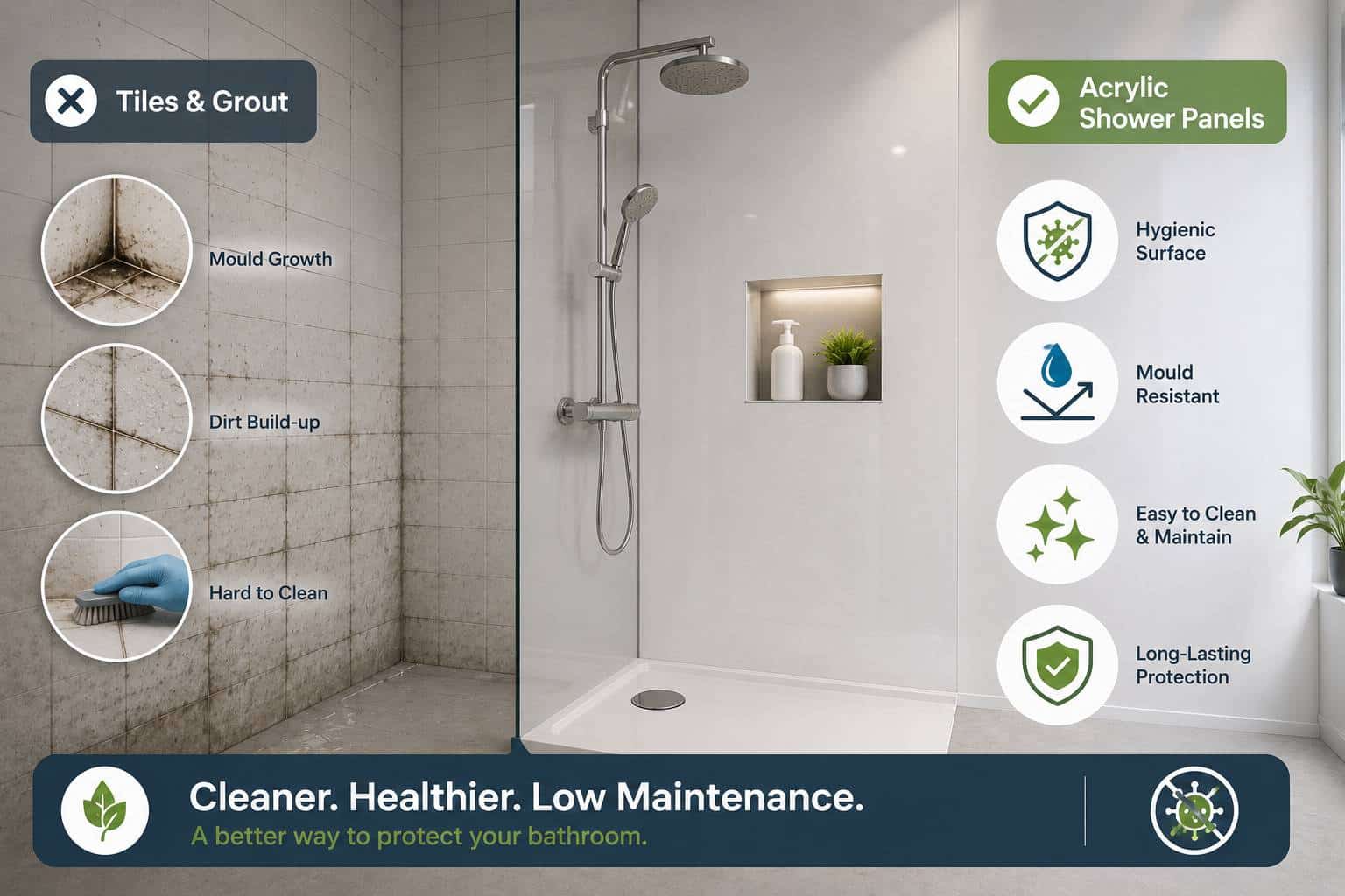 Modern bathroom featuring hygienic acrylic shower panels with seamless waterproof wall surfaces