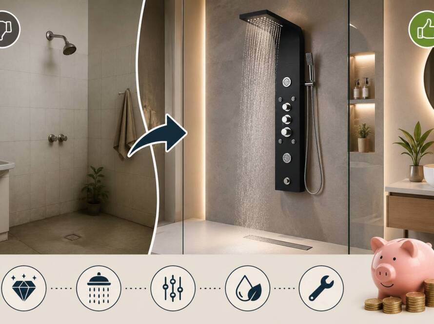 Modern shower panel installed in a stylish budget-friendly bathroom renovation