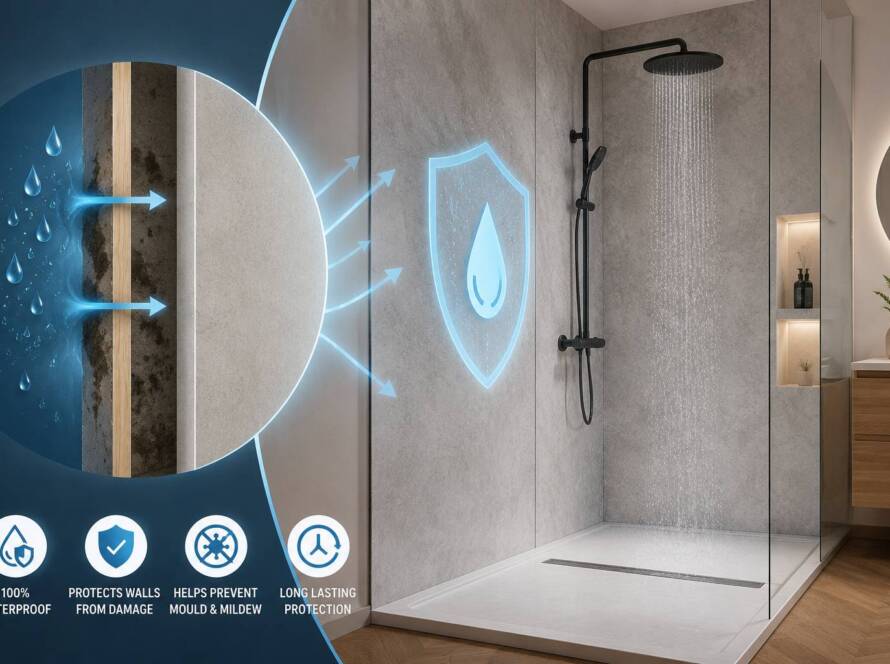 Waterproof shower panels protecting bathroom walls from water damage and moisture