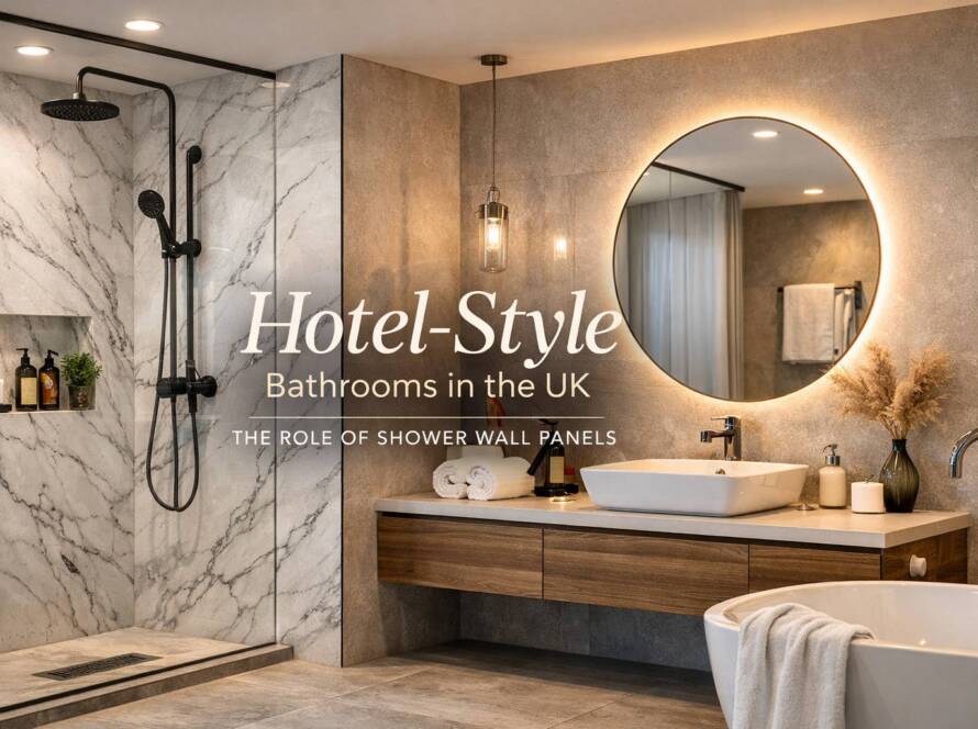 Luxury hotel-style UK bathroom with waterproof marble-effect shower wall panels