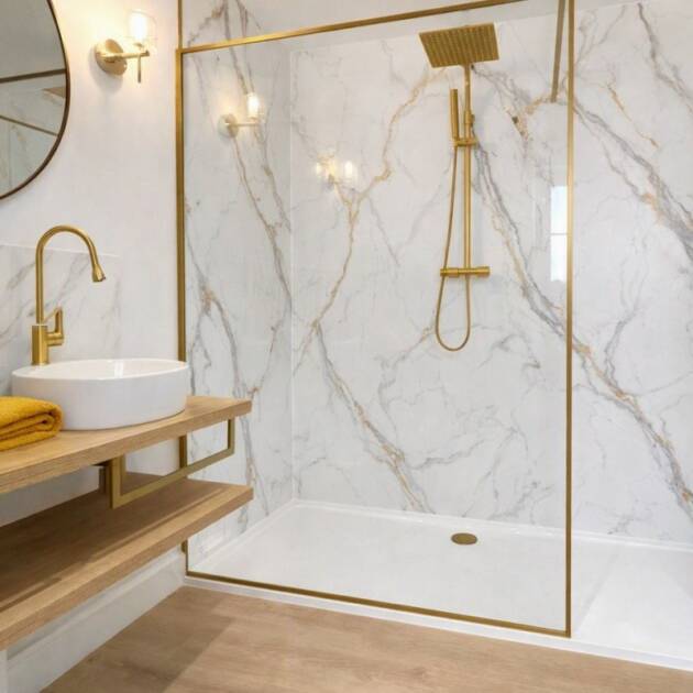Balmoral Solid Style Shower Panel 600mm x 2.4m shown in bathroom shower area