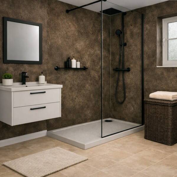 Dumfries Solid Style Shower Panel 600mm x 2.4m shown in bathroom with shower cubicle