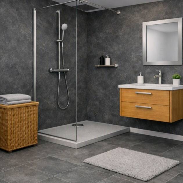 Edinburgh Grey Solid Style Shower Panel 600mm x 2.4m shown in bathroom area