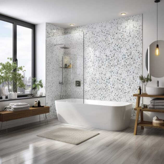 Terrazzo white stone‑effect 4 pack wall panels with grey and brown flecks installed in a modern bathroom