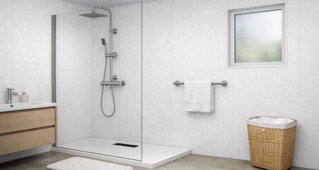 Bathroom Shower Wall Panels scene showing a white sparkle style