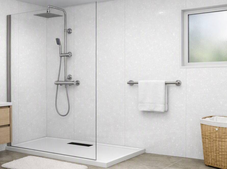 Bathroom Shower Wall Panels scene showing a white sparkle style